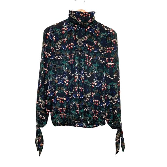 VERONICA M Black Floral Blouse Size Small Turtleneck Tie Sleeves - Picture 1 of 12